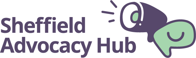 Logo for Sheffield Advocacy Hub showing a smiling speech bubble and a loudhailer