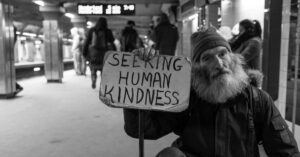 In Boston Subway Station, a homeless man stands with a sign saying 'Seeking Human Kindness'